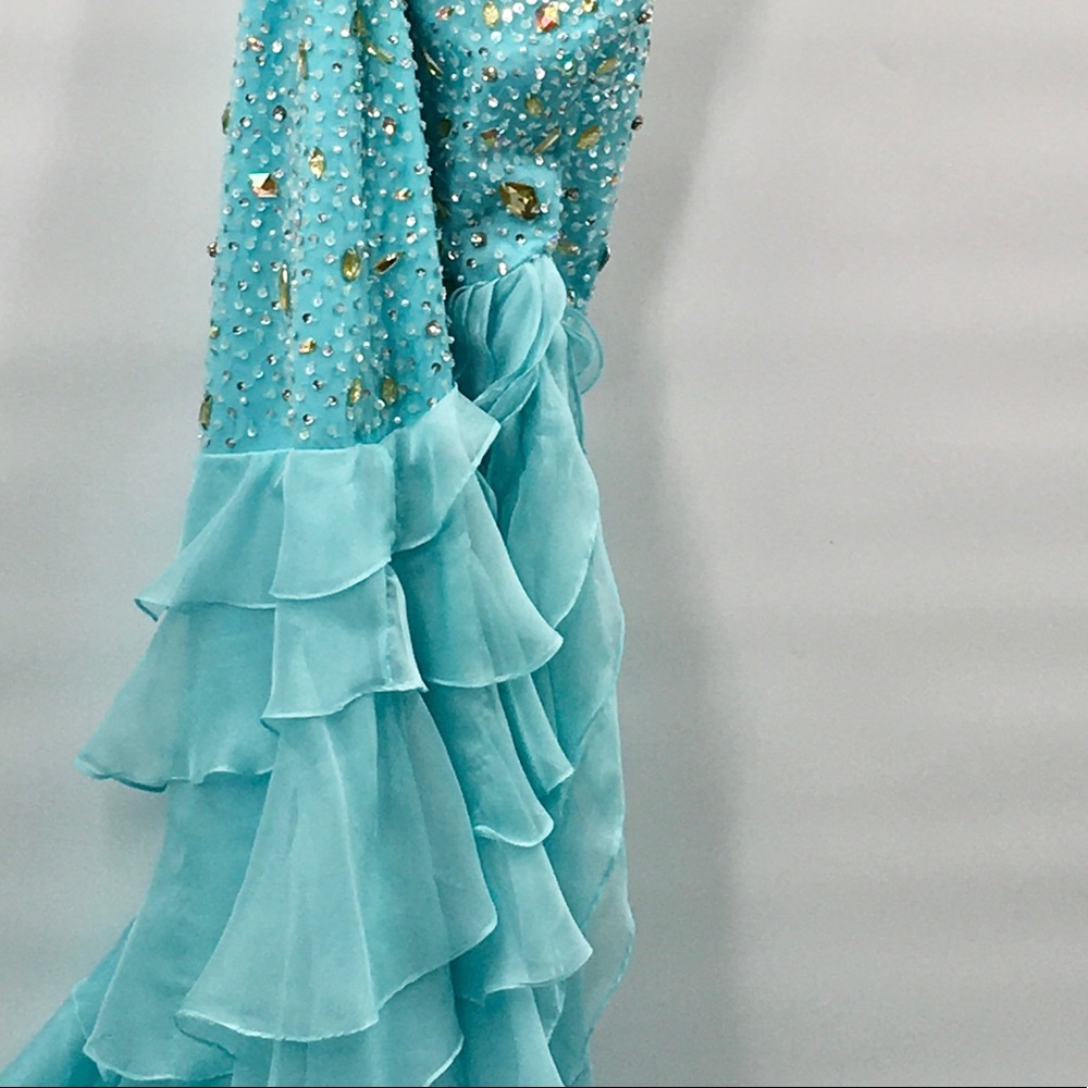 $1695 Terani Couture Aqua Ruffle Prom Gem … - Picture 10 of 14